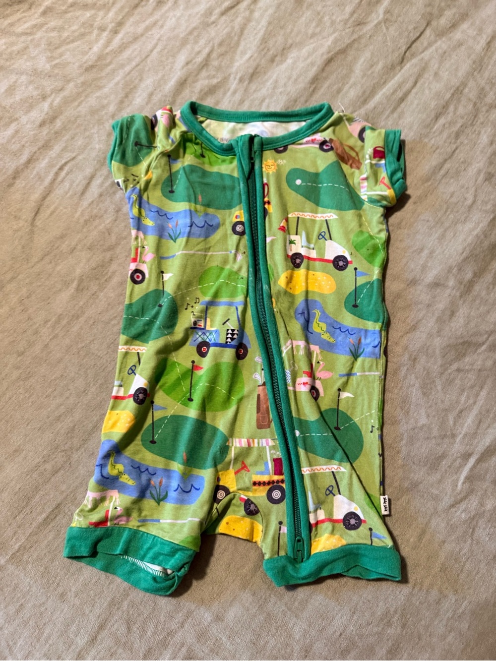 Little Sleepies Green Golf & Cars Short Sleeve Zipper Pajama Romper